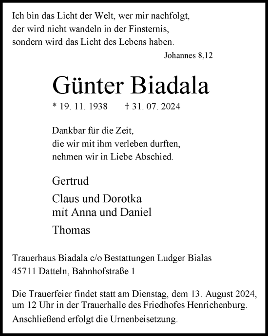 Traueranzeige von Günter Biadala von Stadtanzeiger Castrop-Rauxel