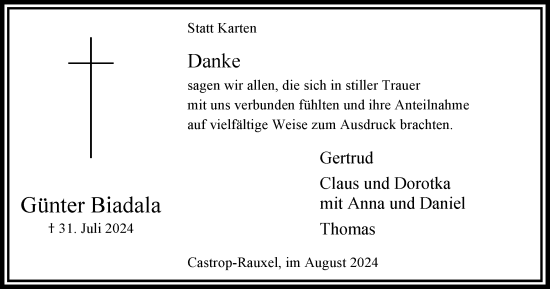 Traueranzeige von Günter Biadala von Stadtanzeiger Castrop-Rauxel
