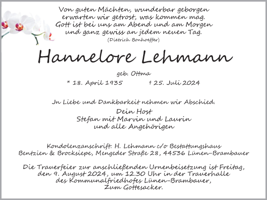 Traueranzeige von Hannelore Lehmann von Lüner Anzeiger