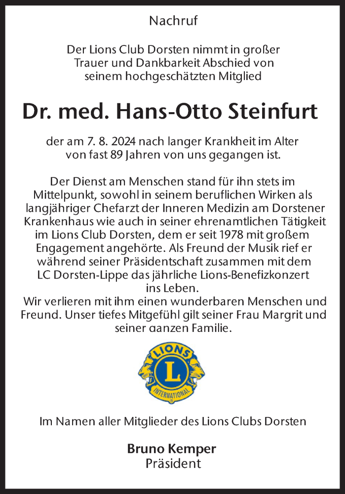  Traueranzeige für Hans-Otto Steinfurt vom 13.08.2024 aus Ruhr Nachrichten und Dorstener Zeitung
