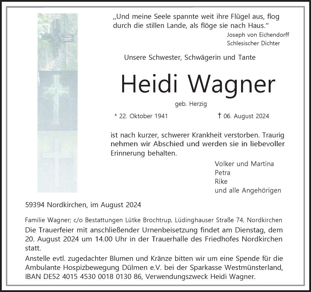  Traueranzeige für Heidi Wagner vom 10.08.2024 aus Ruhr Nachrichten