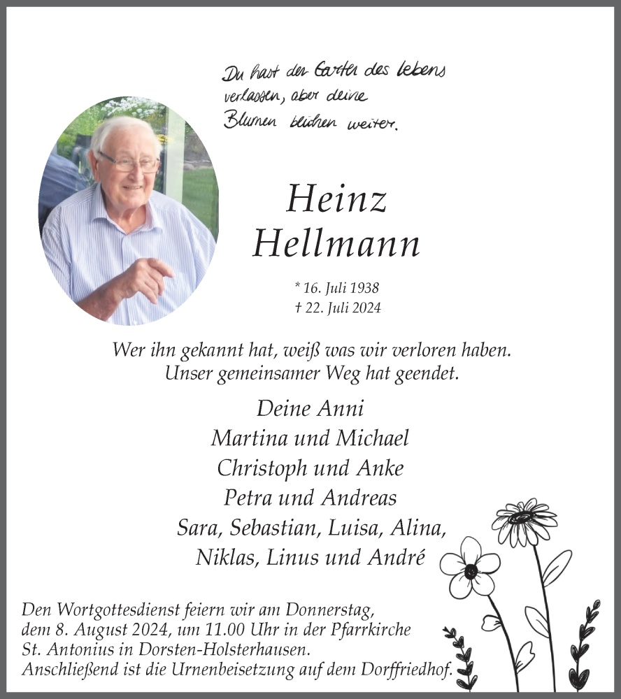  Traueranzeige für Heinz Hellmann vom 03.08.2024 aus Ruhr Nachrichten und Dorstener Zeitung
