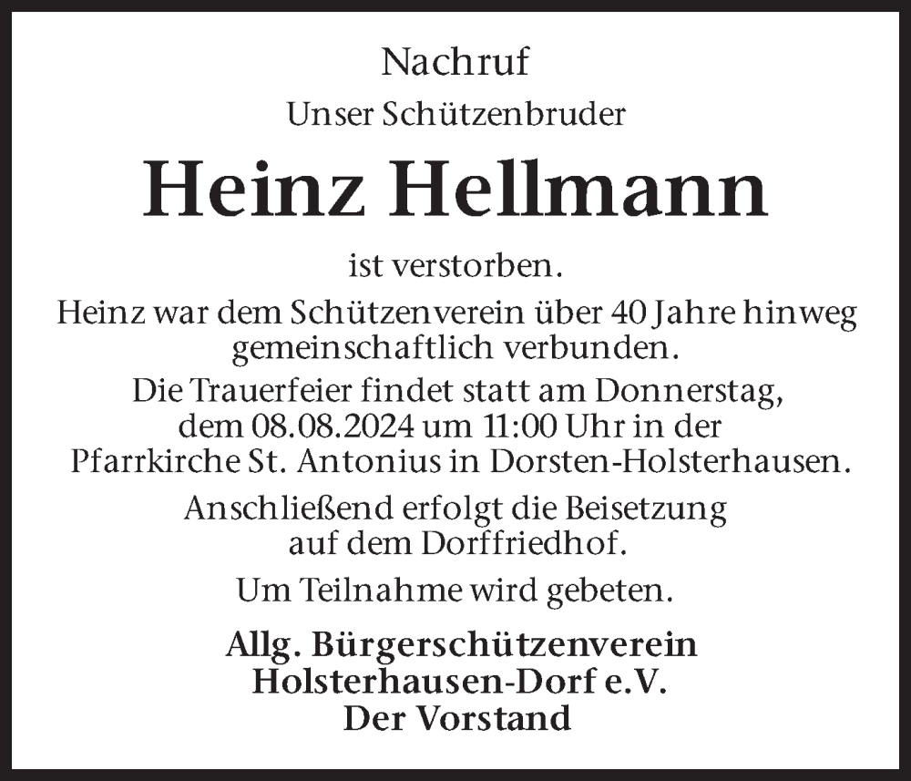  Traueranzeige für Heinz Hellmann vom 08.08.2024 aus Ruhr Nachrichten und Dorstener Zeitung