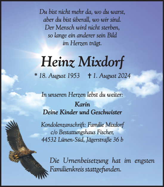 Traueranzeige von Heinz Mixdorf von Lüner Anzeiger