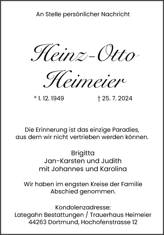 Traueranzeige von Heinz-Otto Heimeier von Ruhr Nachrichten