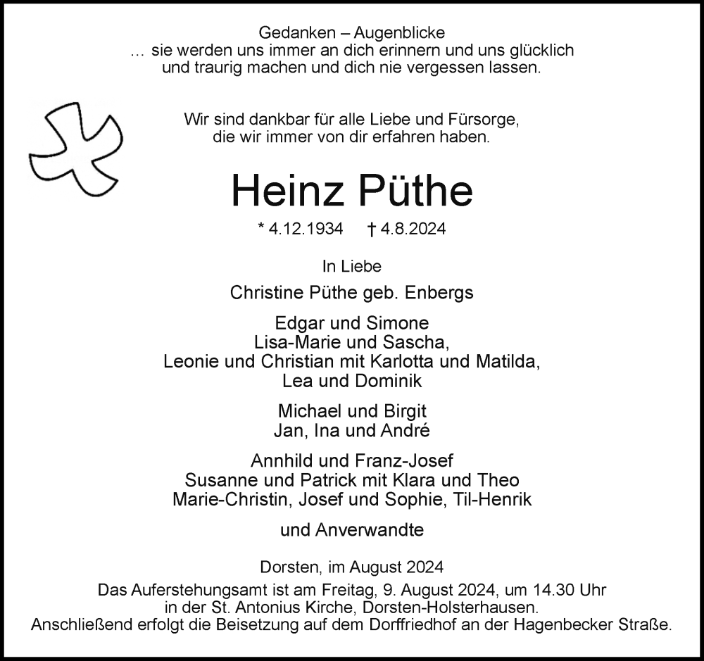  Traueranzeige für Heinz Püthe vom 06.08.2024 aus Ruhr Nachrichten und Dorstener Zeitung