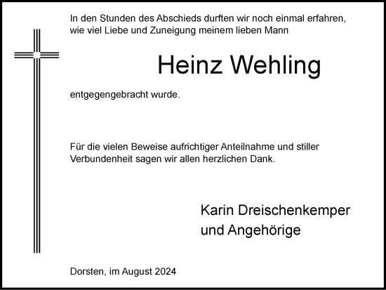Traueranzeige von Heinz Wehling von Ruhr Nachrichten und Dorstener Zeitung