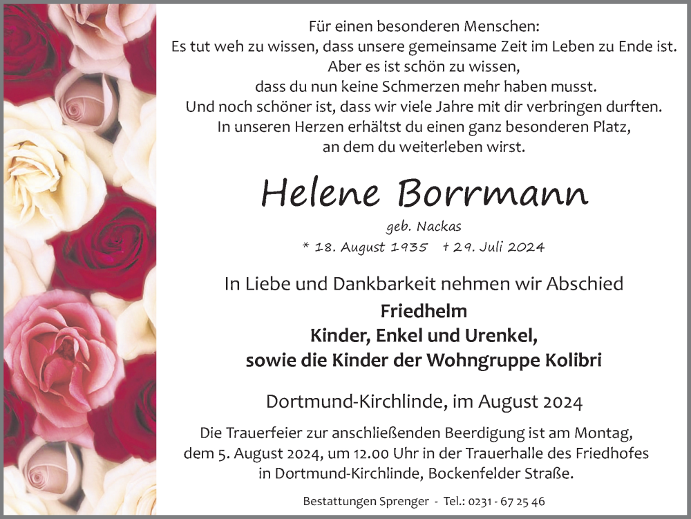  Traueranzeige für Helene Borrmann vom 02.08.2024 aus Ruhr Nachrichten