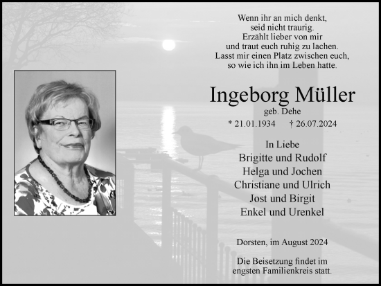Traueranzeige von Ingeborg Müller von Ruhr Nachrichten und Dorstener Zeitung
