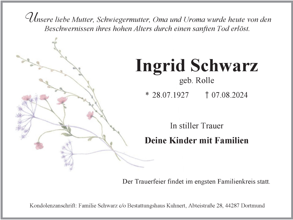  Traueranzeige für Ingrid Schwarz vom 10.08.2024 aus Ruhr Nachrichten