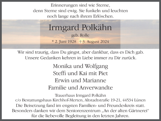 Traueranzeige von Irmgard Polkähn von Lüner Anzeiger