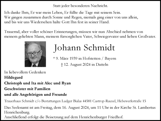 Traueranzeige von Johann Schmidt von Ruhr Nachrichten
