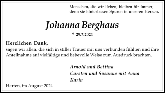 Traueranzeige von Johanna Berghaus von Trauer Vest