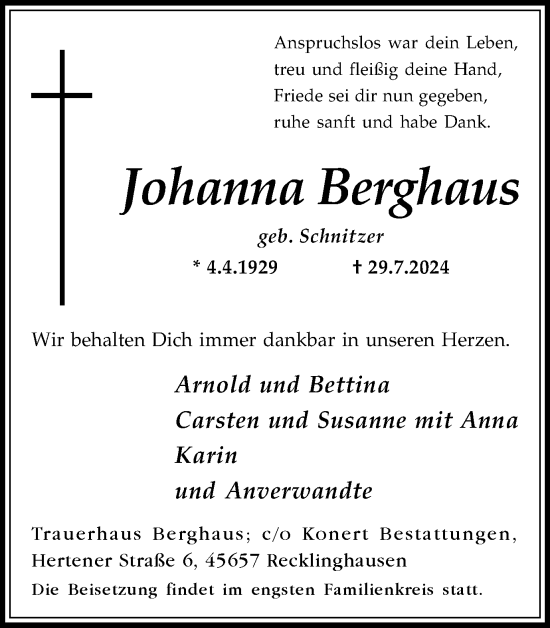 Traueranzeige von Johanna Berghaus von Trauer Vest