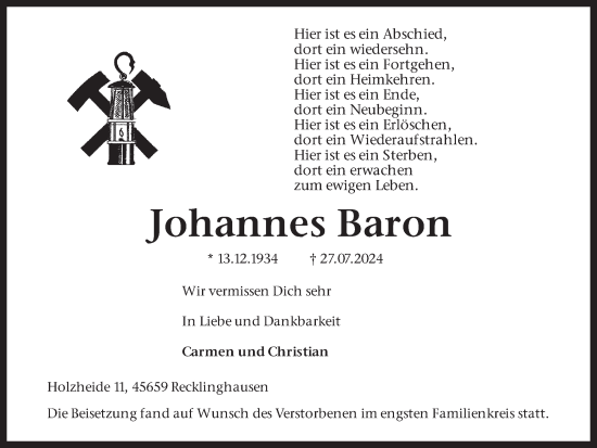 Traueranzeige von Johannes Baron von Trauer Vest