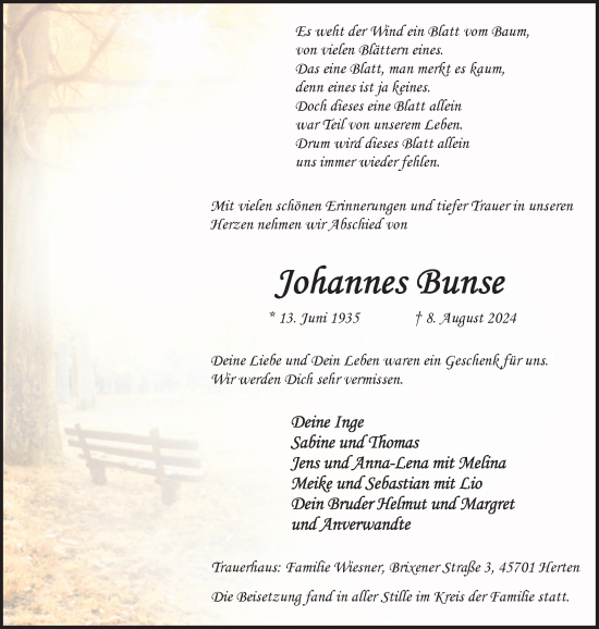 Traueranzeige von Johannes Bunse von Trauer Vest