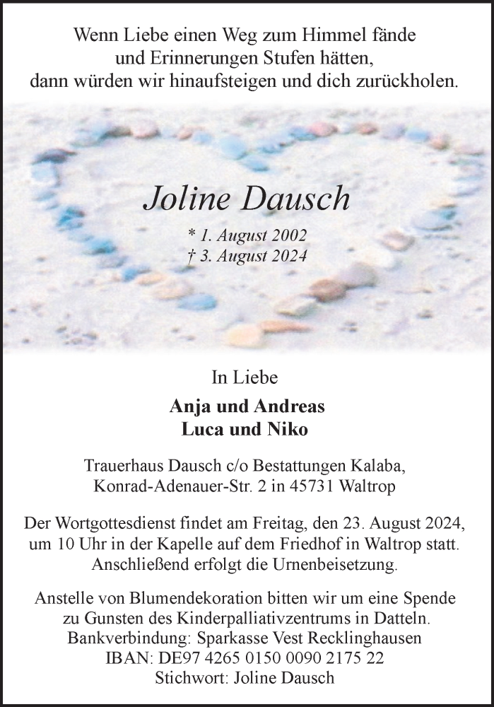  Traueranzeige für Joline Dausch vom 14.08.2024 aus Trauer Vest