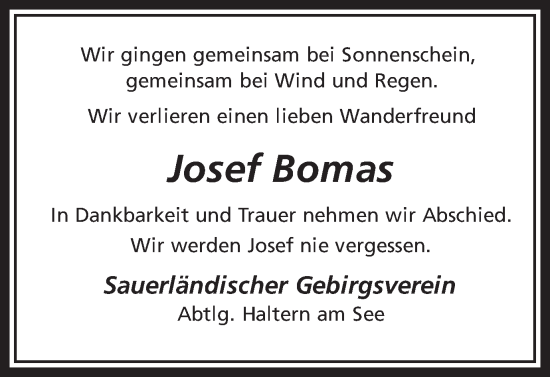 Traueranzeige von Josef Bomas von Ruhr Nachrichten und Halterner Zeitung