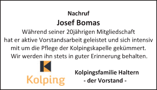 Traueranzeige von Josef Bomas von Ruhr Nachrichten und Halterner Zeitung