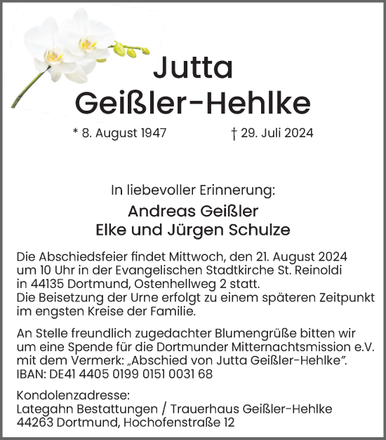 Traueranzeige von Jutta Geißler-Hehlke von Ruhr Nachrichten