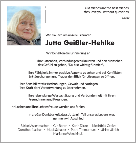 Traueranzeige von Jutta Geißler-Hehlke von Ruhr Nachrichten