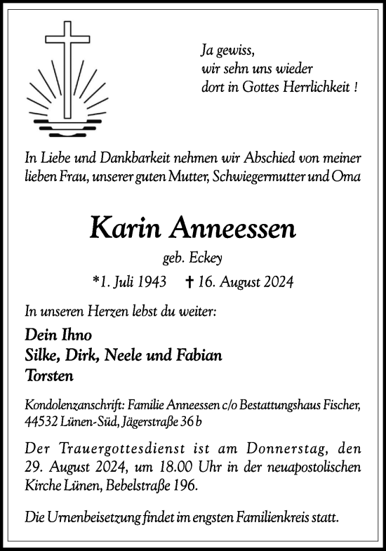 Traueranzeige von Karin Anneessen von Lüner Anzeiger