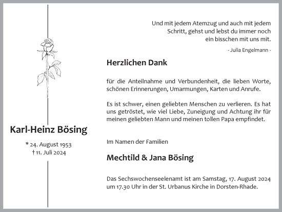 Traueranzeige von Karl-Heinz Bösing von Ruhr Nachrichten und Dorstener Zeitung