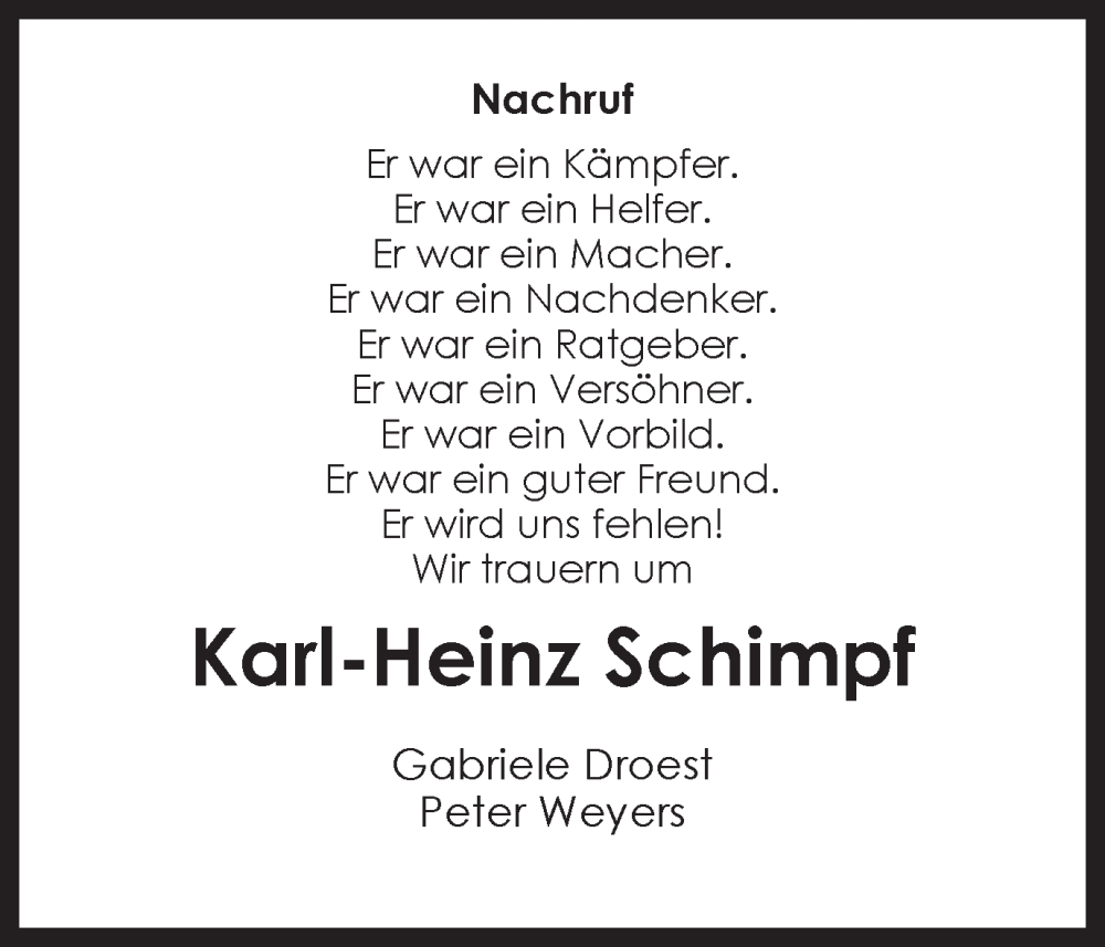  Traueranzeige für Karl-Heinz Schimpf vom 24.08.2024 aus Ruhr Nachrichten