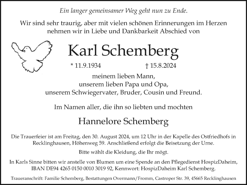  Traueranzeige für Karl Schemberg vom 24.08.2024 aus Trauer Vest