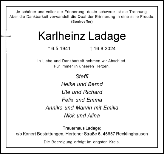 Traueranzeige von Karlheinz Ladage von Trauer Vest