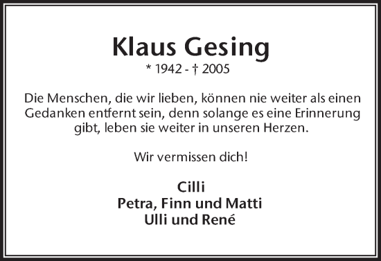 Traueranzeige von Klaus Gesing von Trauer Vest