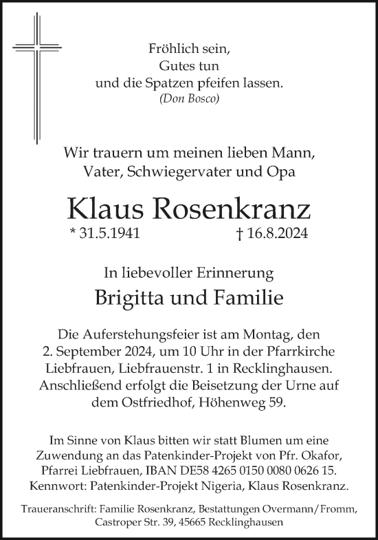 Traueranzeige von Klaus Rosenkranz von Trauer Vest