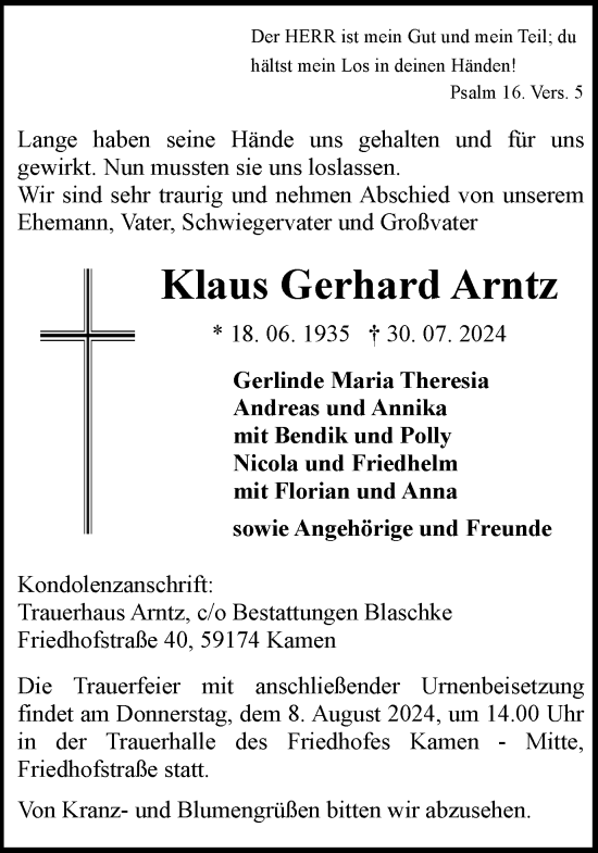 Traueranzeige von Klaus Gerhard Arntz von Hellweger Anzeiger