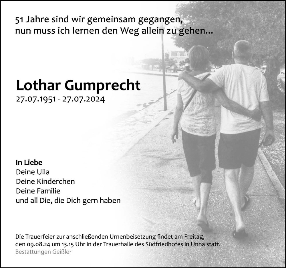  Traueranzeige für Lothar Gumprecht vom 02.08.2024 aus Hellweger Anzeiger