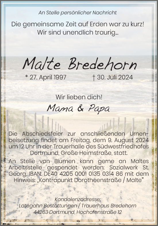 Traueranzeige von Malte Bredehorn von Ruhr Nachrichten