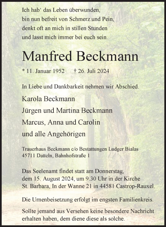 Traueranzeige von Manfred Beckmann von Stadtanzeiger Castrop-Rauxel