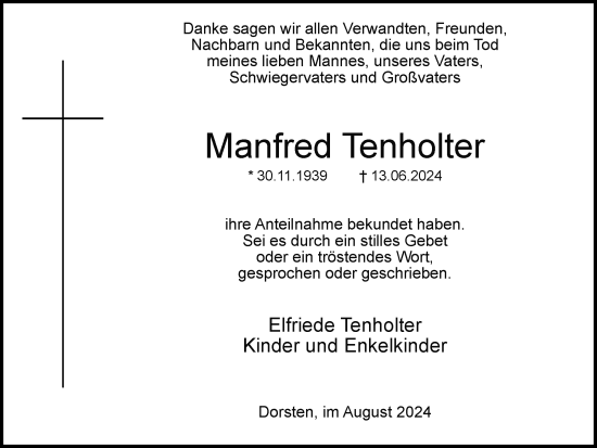 Traueranzeige von Manfred Tenholter von Ruhr Nachrichten und Dorstener Zeitung