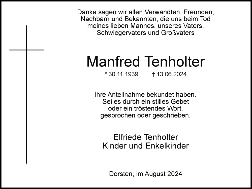  Traueranzeige für Manfred Tenholter vom 03.08.2024 aus Ruhr Nachrichten und Dorstener Zeitung