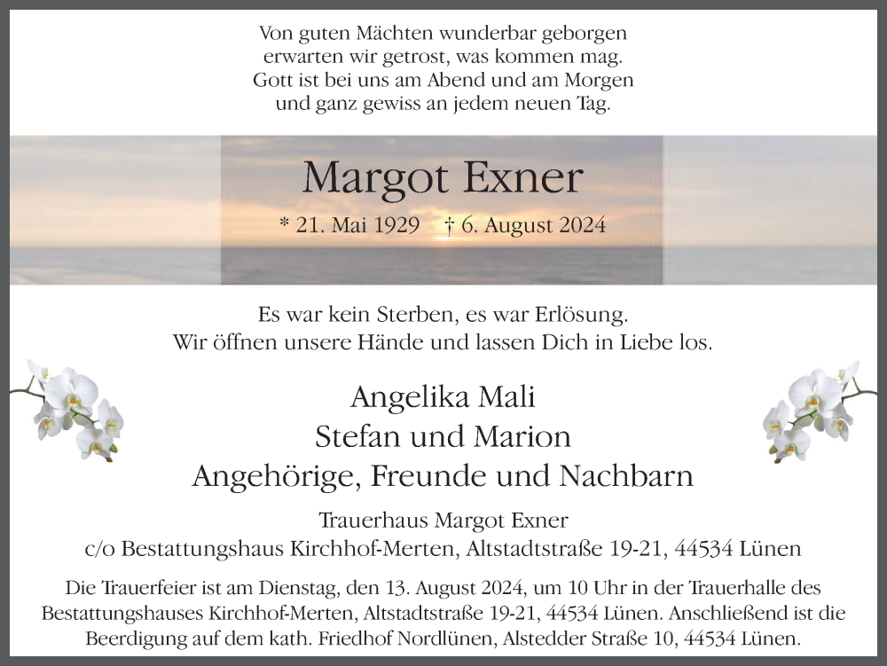  Traueranzeige für Margot Exner vom 10.08.2024 aus Ruhr Nachrichten