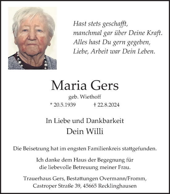 Traueranzeige von Maria Gers von Trauer Vest