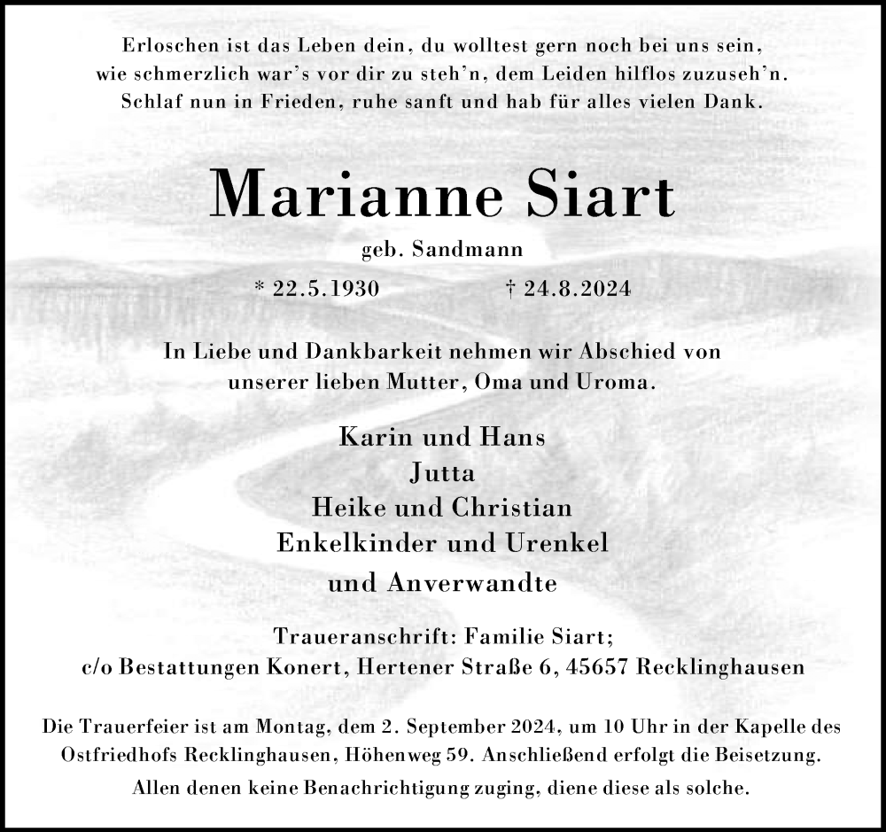  Traueranzeige für Marianne Siart vom 28.08.2024 aus Trauer Vest