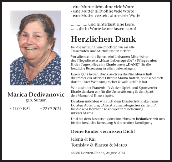 Traueranzeige von Marica Dedivanovic von Ruhr Nachrichten und Dorstener Zeitung