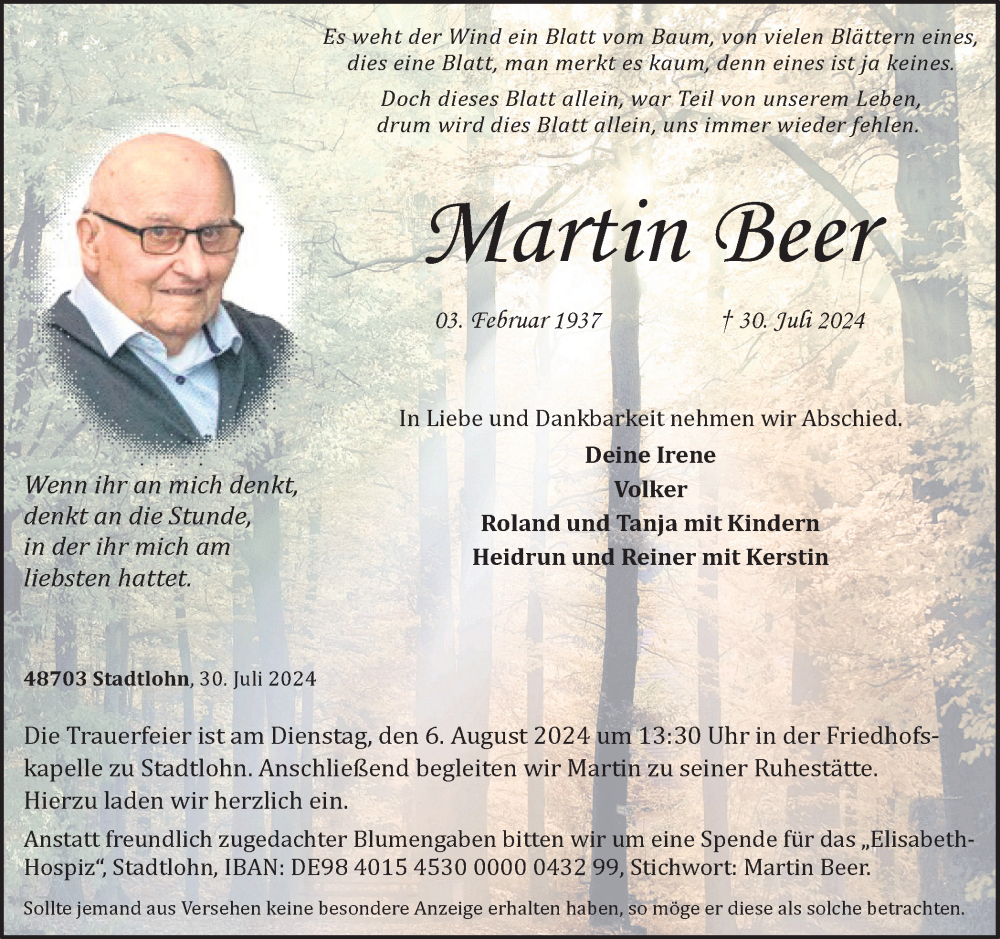  Traueranzeige für Martin Beer vom 02.08.2024 aus Münsterland Zeitung