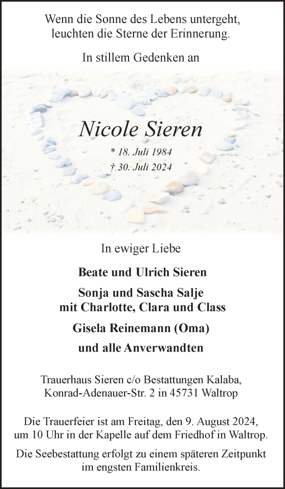  Traueranzeige für Nicole Sieren vom 07.08.2024 aus Trauer Vest