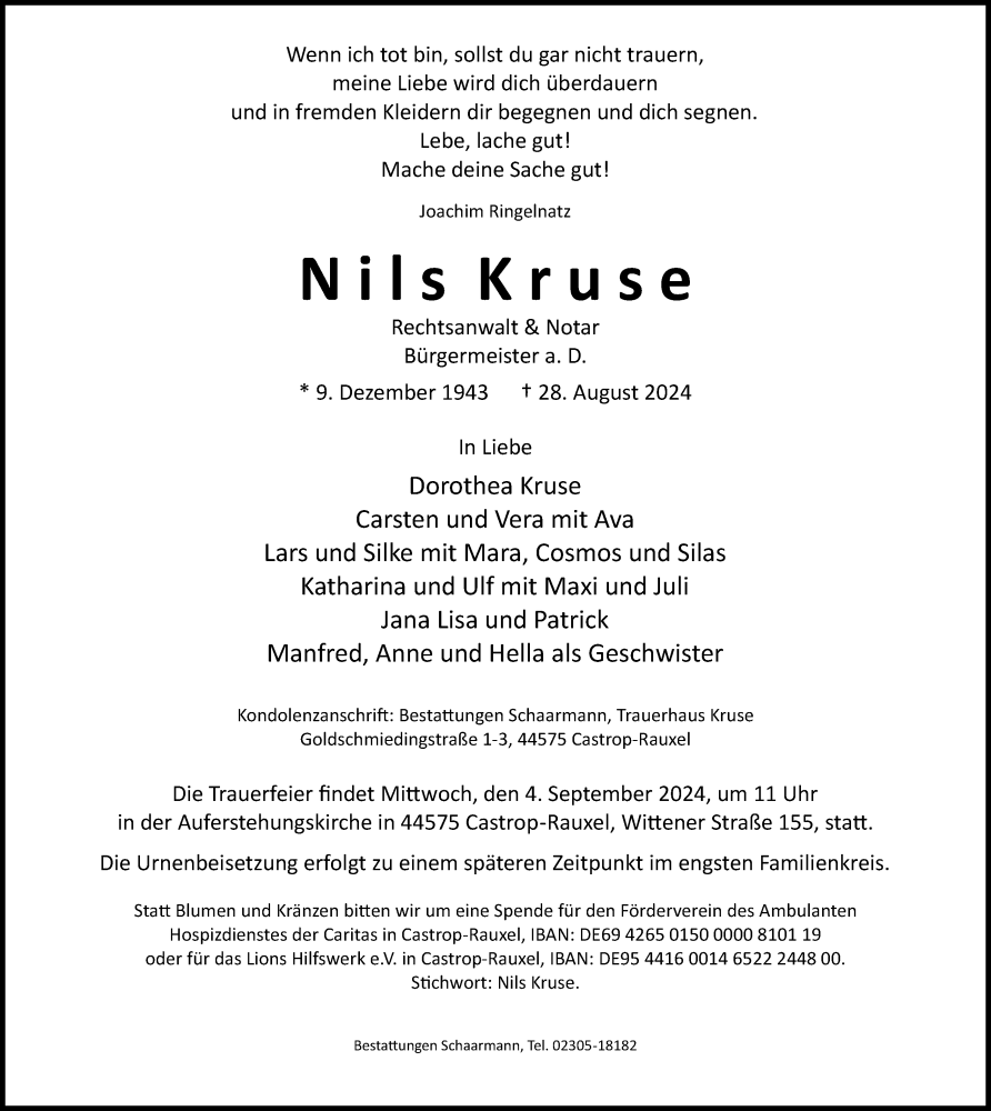  Traueranzeige für Nils Kruse vom 31.08.2024 aus Ruhr Nachrichten