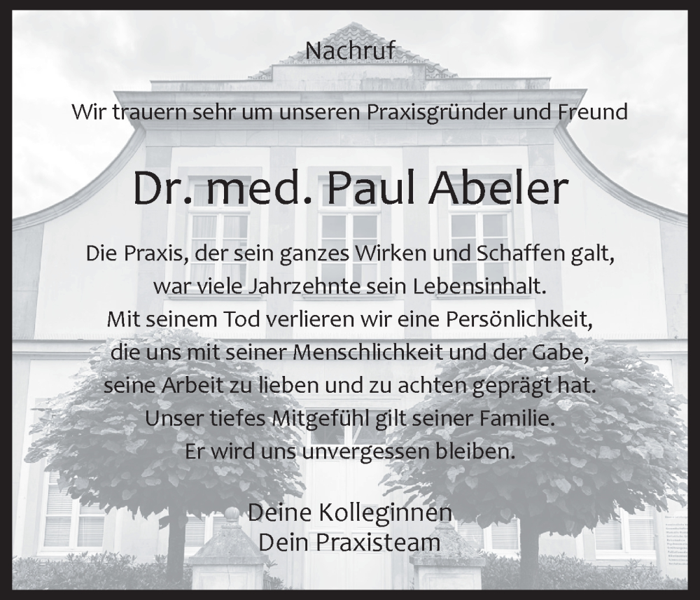  Traueranzeige für Paul Abeler vom 21.08.2024 aus Münsterland Zeitung