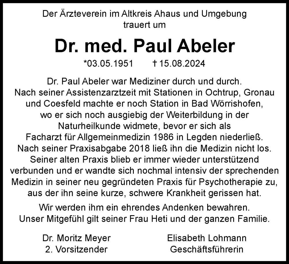  Traueranzeige für Paul Abeler vom 28.08.2024 aus Münsterland Zeitung