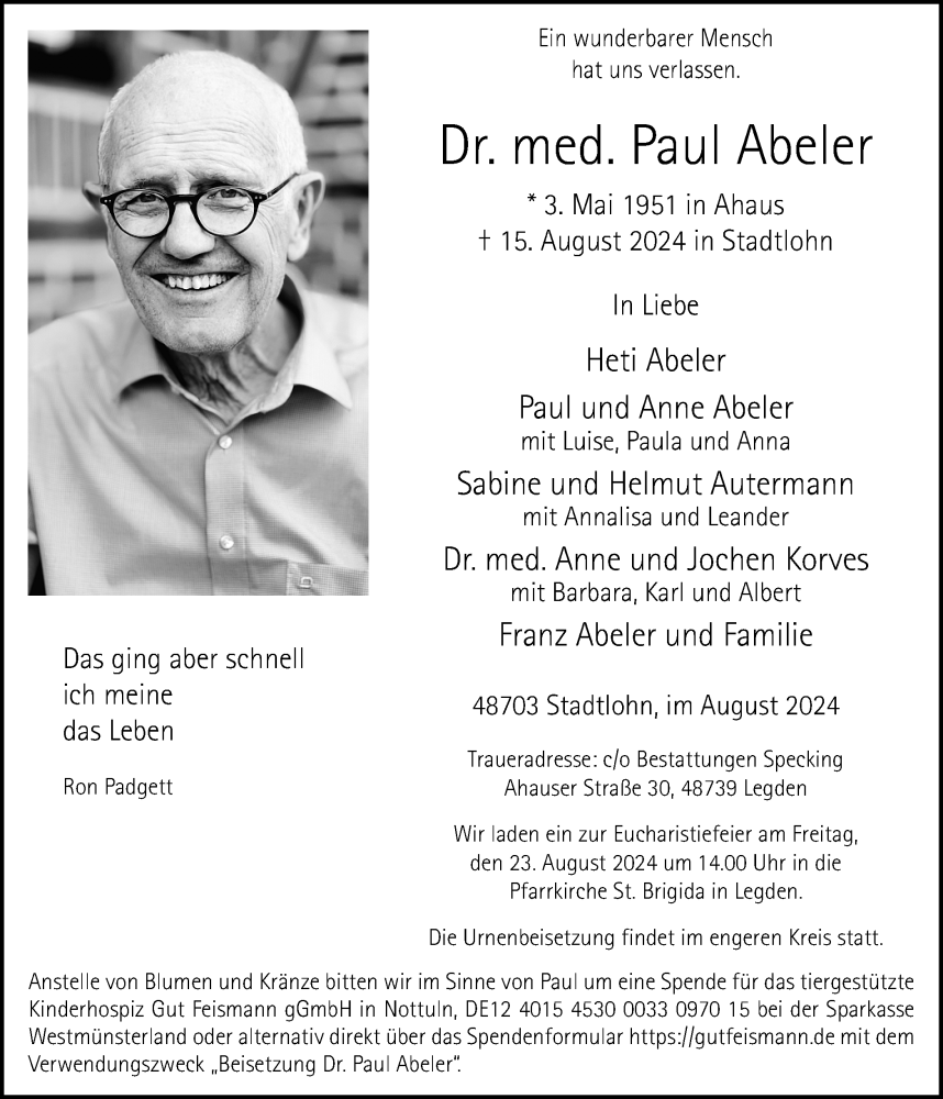  Traueranzeige für Paul Abeler vom 20.08.2024 aus Münsterland Zeitung