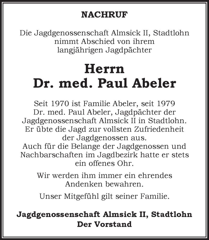  Traueranzeige für Paul Abeler vom 24.08.2024 aus Münsterland Zeitung