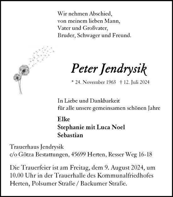 Traueranzeige von Peter Jendrysik von Trauer Vest